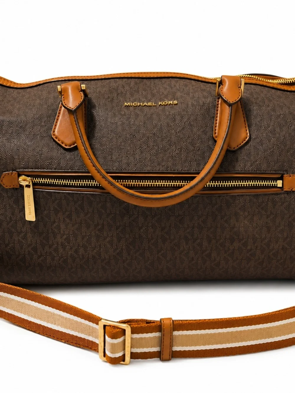 Michael Kors Brown & Tan Signature Duffel with Striped Shoulder Strap